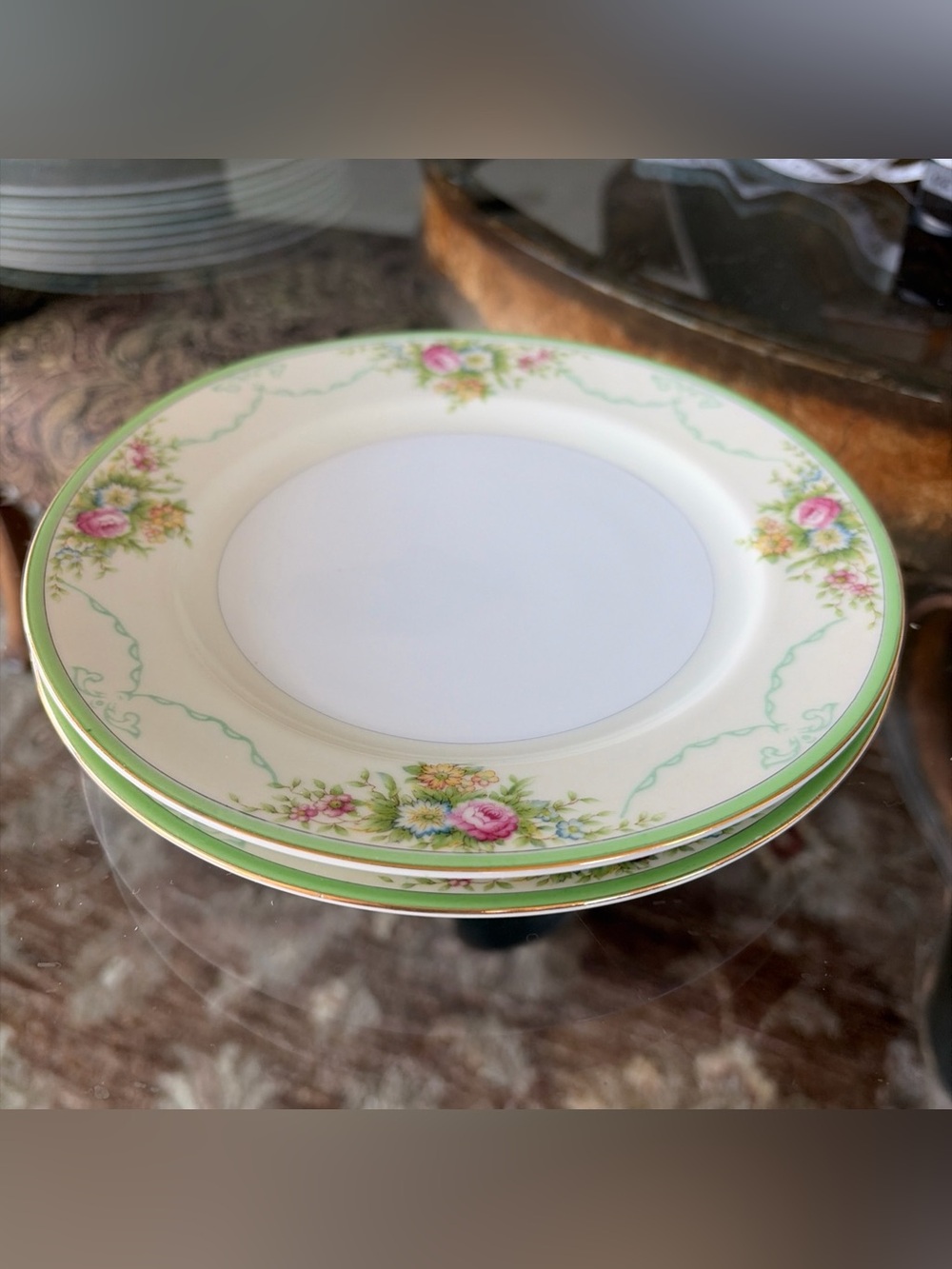 VTG Grace China Desert Plates-7.75” “Formal Garden”-Green Trim/Floral Print-2 Ct